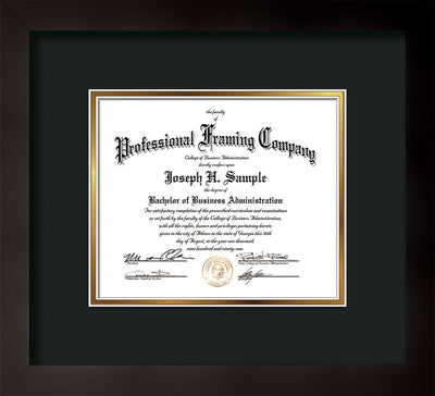 Horizontal view of the Custom Flat Matte Black Art and Document Frame with Black on Gold Mat