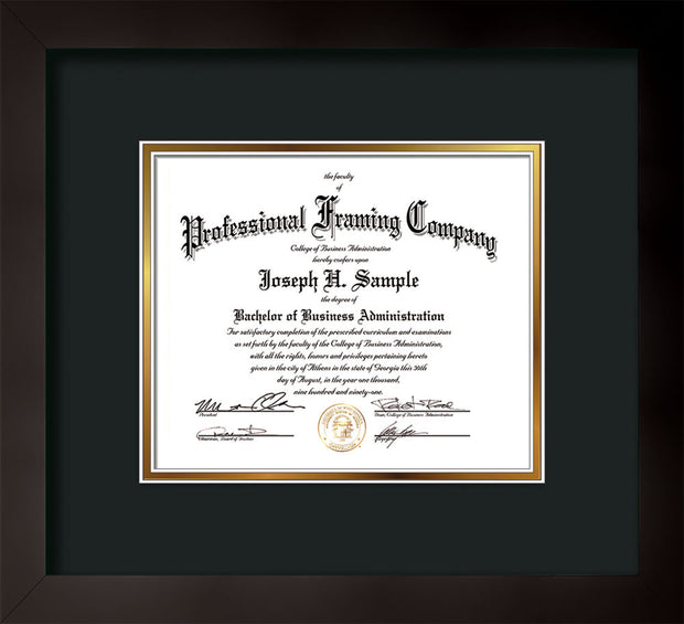 Horizontal view of the Custom Flat Matte Black Art and Document Frame with Black on Gold Mat