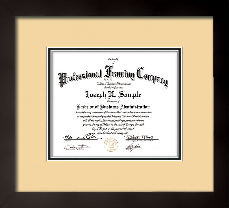 Horizontal view of the Flat Matte Black Art, Certificate and Document Frame with Cream on Black Mat
