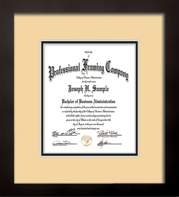 Vertical view of the Flat Matte Black Art, Certificate and Document Frame with Cream on Black Mat