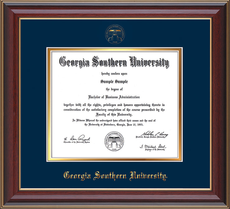 Image of Georgia Southern University Diploma Frame - Cherry Lacquer - w/Embossed Seal & Name - Navy on Gold mat