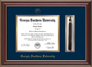 Image of Georgia Southern University Diploma Frame - Cherry Lacquer - w/Embossed Seal & Name - Tassel Holder - Navy on Gold mat