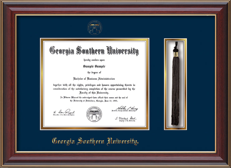 Image of Georgia Southern University Diploma Frame - Cherry Lacquer - w/Embossed Seal & Name - Tassel Holder - Navy on Gold mat