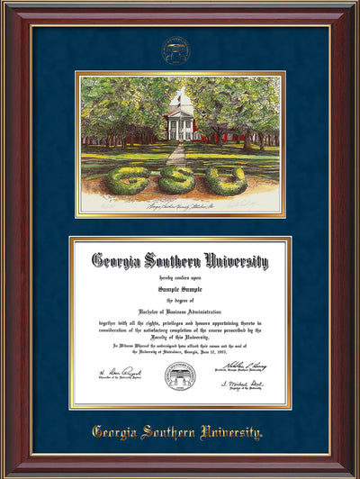 Image of Georgia Southern University Diploma Frame - Cherry Lacquer - w/Embossed Seal & Name - Watercolor - Navy Suede on Gold mat