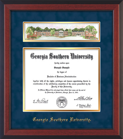 Image of Georgia Southern University Diploma Frame - Cherry Reverse - w/Embossed School Name Only - Campus Collage - Navy Suede on Gold mat