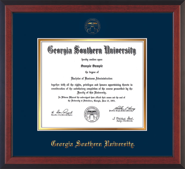 Image of Georgia Southern University Diploma Frame - Cherry Reverse - w/Embossed Seal & Name - Navy on Gold mat