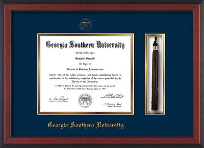 Image of Georgia Southern University Diploma Frame - Cherry Reverse - w/Embossed Seal & Name - Tassel Holder - Navy on Gold mat