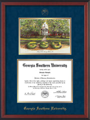Image of Georgia Southern University Diploma Frame - Cherry Reverse - w/Embossed Seal & Name - Watercolor - Navy Suede on Gold mat