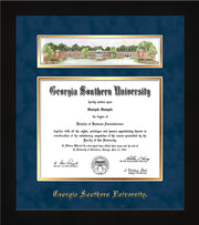 Image of Georgia Southern University Diploma Frame - Flat Matte Black - w/Embossed School Name Only - Campus Collage - Navy Suede on Gold mat