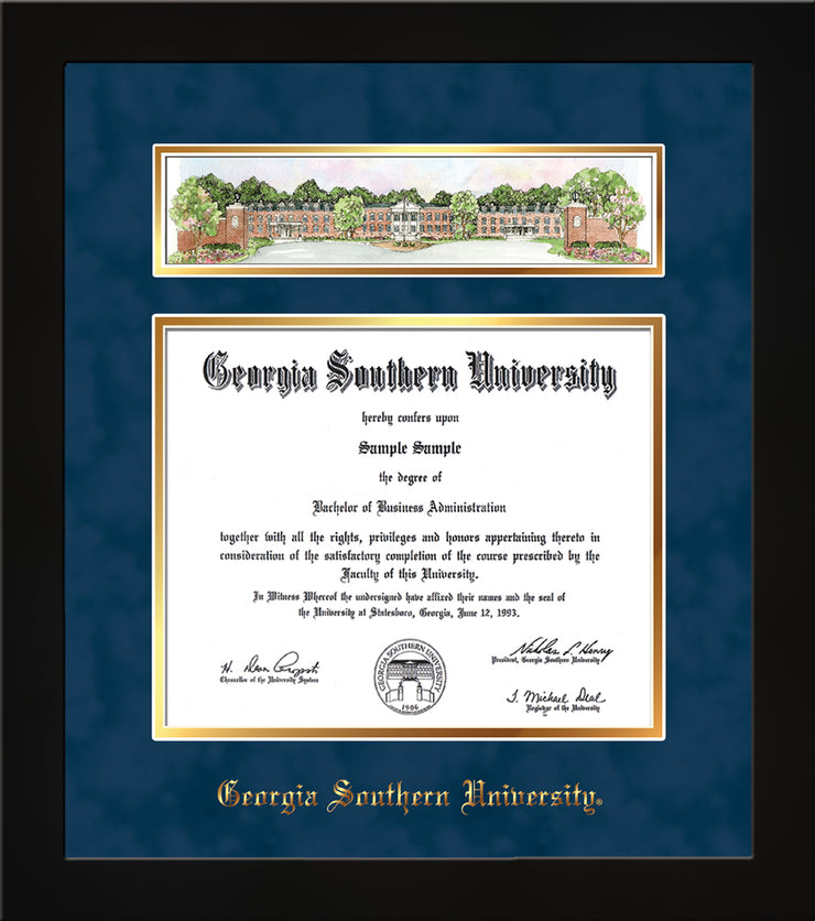 Image of Georgia Southern University Diploma Frame - Flat Matte Black - w/Embossed School Name Only - Campus Collage - Navy Suede on Gold mat