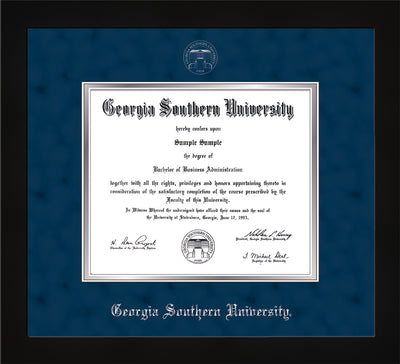 Image of Georgia Southern University Diploma Frame - Flat Matte Black - w/Silver Embossed Seal & Name - Navy Suede on Silver mat