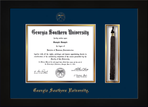 Image of Georgia Southern University Diploma Frame - Flat Matte Black - w/Embossed Seal & Name - Tassel Holder - Navy on Gold mat