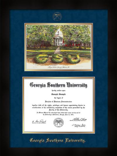 Image of Georgia Southern University Diploma Frame - Flat Matte Black - w/Embossed Seal & Name - Watercolor - Navy Suede on Gold mat