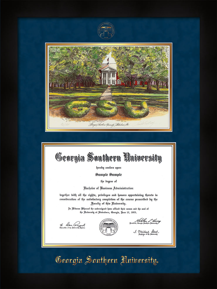 Image of Georgia Southern University Diploma Frame - Flat Matte Black - w/Embossed Seal & Name - Watercolor - Navy Suede on Gold mat