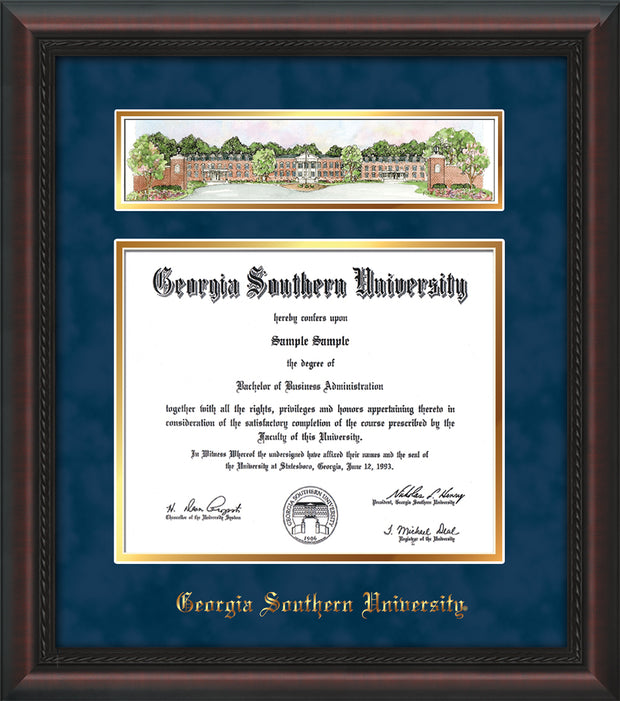 Image of Georgia Southern University Diploma Frame - Mahogany Braid - w/Embossed School Name Only - Campus Collage - Navy Suede on Gold mat