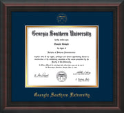 Image of Georgia Southern University Diploma Frame - Mahogany Braid - w/Embossed Seal & Name - Navy on Gold mat