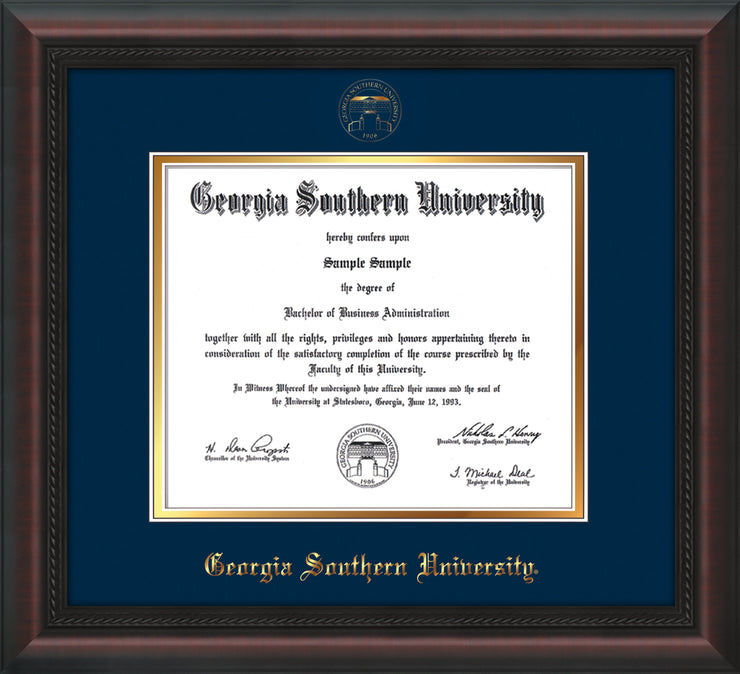 Image of Georgia Southern University Diploma Frame - Mahogany Braid - w/Embossed Seal & Name - Navy on Gold mat