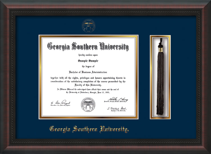 Image of Georgia Southern University Diploma Frame - Mahogany Braid - w/Embossed Seal & Name - Tassel Holder - Navy on Gold mat