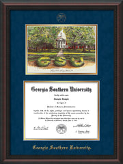 Image of Georgia Southern University Diploma Frame - Mahogany Braid - w/Embossed Seal & Name - Watercolor - Navy Suede on Gold mat