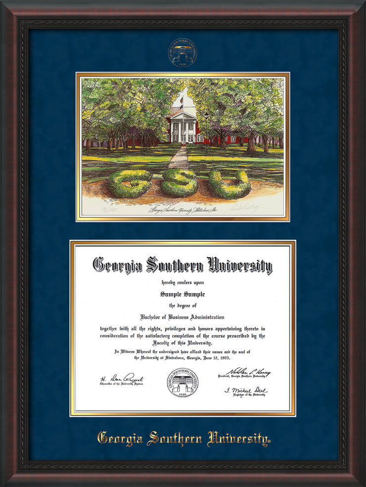 Image of Georgia Southern University Diploma Frame - Mahogany Braid - w/Embossed Seal & Name - Watercolor - Navy Suede on Gold mat