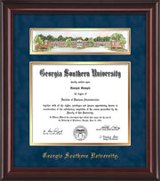 Image of Georgia Southern University Diploma Frame - Mahogany Lacquer - w/Embossed School Name Only - Campus Collage - Navy Suede on Gold mat