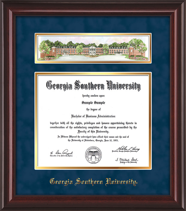 Image of Georgia Southern University Diploma Frame - Mahogany Lacquer - w/Embossed School Name Only - Campus Collage - Navy Suede on Gold mat