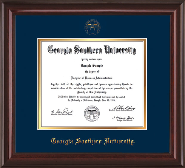 Image of Georgia Southern University Diploma Frame - Mahogany Lacquer - w/Embossed Seal & Name - Navy on Gold mat