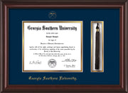 Image of Georgia Southern University Diploma Frame - Mahogany Lacquer - w/Embossed Seal & Name - Tassel Holder - Navy on Gold mat