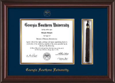 Image of Georgia Southern University Diploma Frame - Mahogany Lacquer - w/Embossed Seal & Name - Tassel Holder - Navy on Gold mat