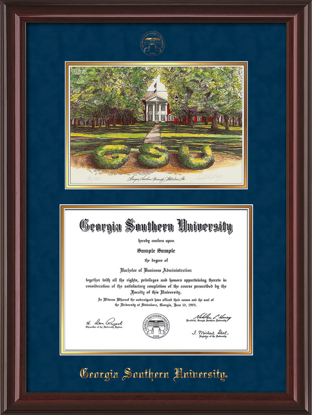 Image of Georgia Southern University Diploma Frame - Mahogany Lacquer - w/Embossed Seal & Name - Watercolor - Navy Suede on Gold mat