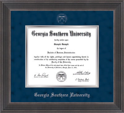 Image of Georgia Southern University Diploma Frame - Metro Antique Pewter - w/Silver Embossed Seal & Name - Navy Suede on Silver mat