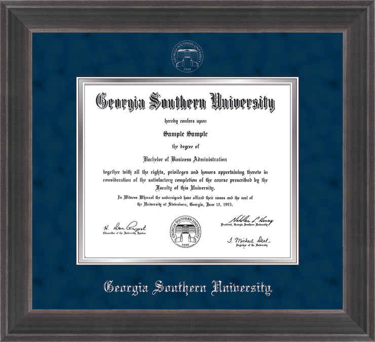 Image of Georgia Southern University Diploma Frame - Metro Antique Pewter - w/Silver Embossed Seal & Name - Navy Suede on Silver mat