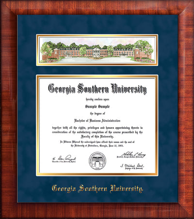 Image of Georgia Southern University Diploma Frame - Mezzo Gloss - w/Embossed School Name Only - Campus Collage - Navy Suede on Gold mat