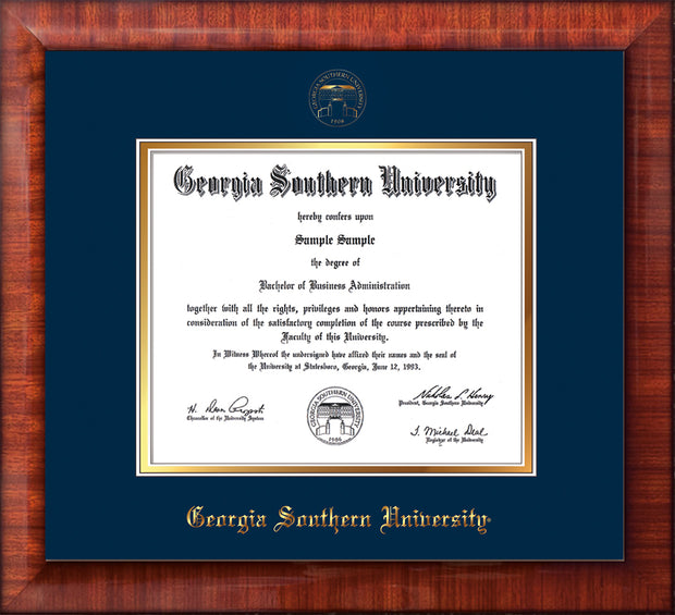 Image of Georgia Southern University Diploma Frame - Mezzo Gloss - w/Embossed Seal & Name - Navy on Gold mat