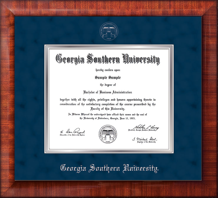 Image of Georgia Southern University Diploma Frame - Mezzo Gloss - w/Silver Embossed Seal & Name - Navy Suede on Silver mat