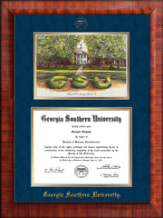 Image of Georgia Southern University Diploma Frame - Mezzo Gloss - w/Embossed Seal & Name - Watercolor - Navy Suede on Gold mat