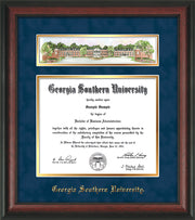 Image of Georgia Southern University Diploma Frame - Rosewood - w/Embossed School Name Only - Campus Collage - Navy Suede on Gold mat