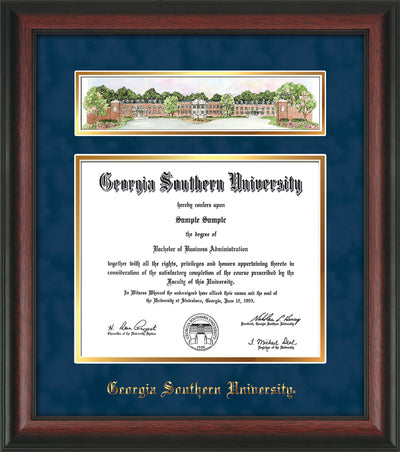 Image of Georgia Southern University Diploma Frame - Rosewood - w/Embossed School Name Only - Campus Collage - Navy Suede on Gold mat