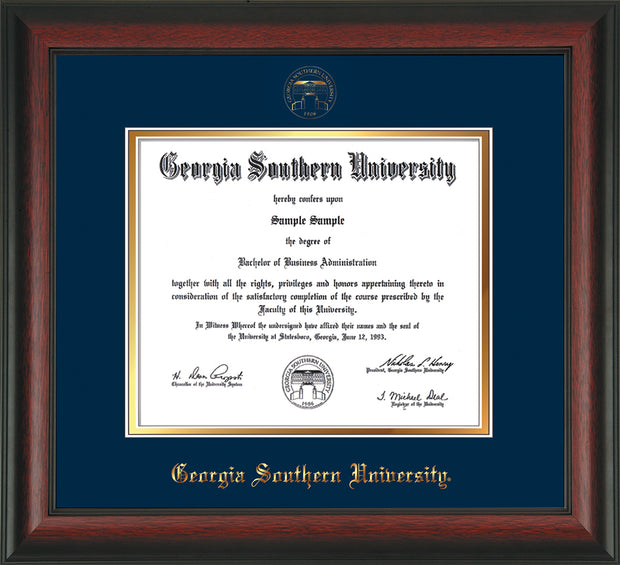 Image of Georgia Southern University Diploma Frame - Rosewood - w/Embossed Seal & Name - Navy on Gold mat