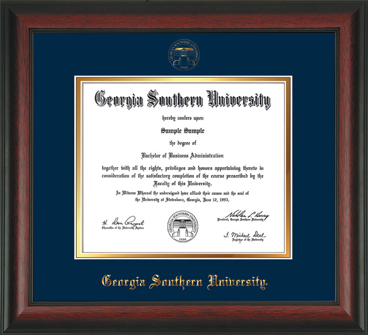 Image of Georgia Southern University Diploma Frame - Rosewood - w/Embossed Seal & Name - Navy on Gold mat