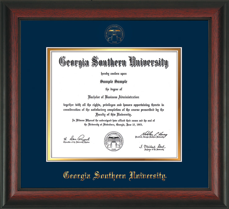Image of Georgia Southern University Diploma Frame - Rosewood - w/Embossed Seal & Name - Navy on Gold mat