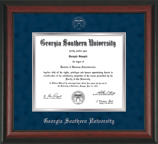 Image of Georgia Southern University Diploma Frame - Rosewood - w/Silver Embossed Seal & Name - Navy Suede on Silver mat