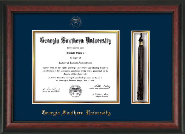Image of Georgia Southern University Diploma Frame - Rosewood - w/Embossed Seal & Name - Tassel Holder - Navy on Gold mat