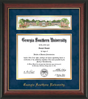 Image of Georgia Southern University Diploma Frame - Rosewood w/Gold Lip - w/Embossed School Name Only - Campus Collage - Navy Suede on Gold mat