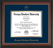 Image of Georgia Southern University Diploma Frame - Rosewood w/Gold Lip - w/Embossed Seal & Name - Navy on Gold mat