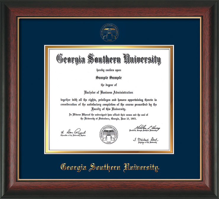 Image of Georgia Southern University Diploma Frame - Rosewood w/Gold Lip - w/Embossed Seal & Name - Navy on Gold mat