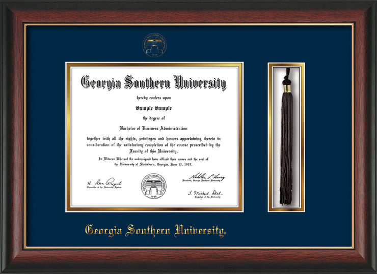 Image of Georgia Southern University Diploma Frame - Rosewood w/Gold Lip - w/Embossed Seal & Name - Tassel Holder - Navy on Gold mat