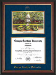 Image of Georgia Southern University Diploma Frame - Rosewood w/Gold Lip - w/Embossed Seal & Name - Watercolor - Navy Suede on Gold mat