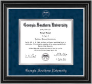Image of Georgia Southern University Diploma Frame - Satin Silver - w/Silver Embossed Seal & Name - Navy Suede on Silver mat