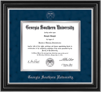 Image of Georgia Southern University Diploma Frame - Satin Silver - w/Silver Embossed Seal & Name - Navy Suede on Silver mat